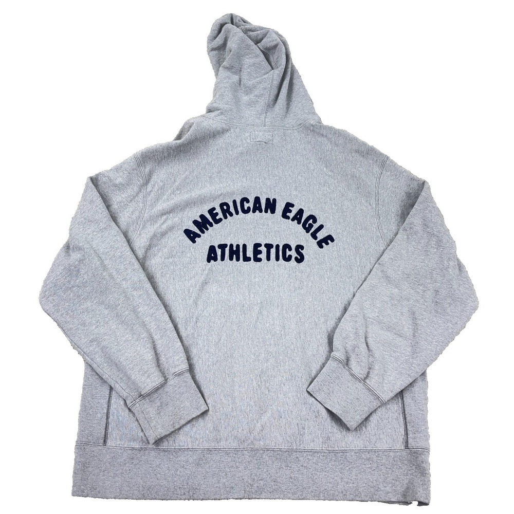Vintage Y2K American Eagle Hoodie Men Large Gray Blue Sweatshirt Spellout Grunge